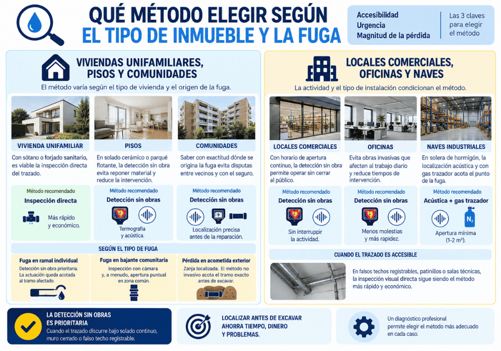 Qué método elegir según el tipo de inmueble y la fuga